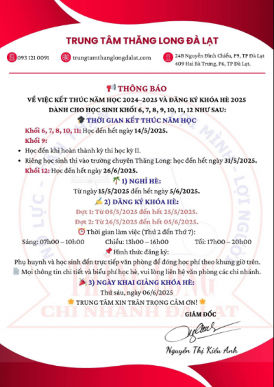 Trung tâm THĂNG LONG xin trân trọng thông báo: Về việc kết thúc năm học 2024-2025 và khai giảng khóa hè 2025.